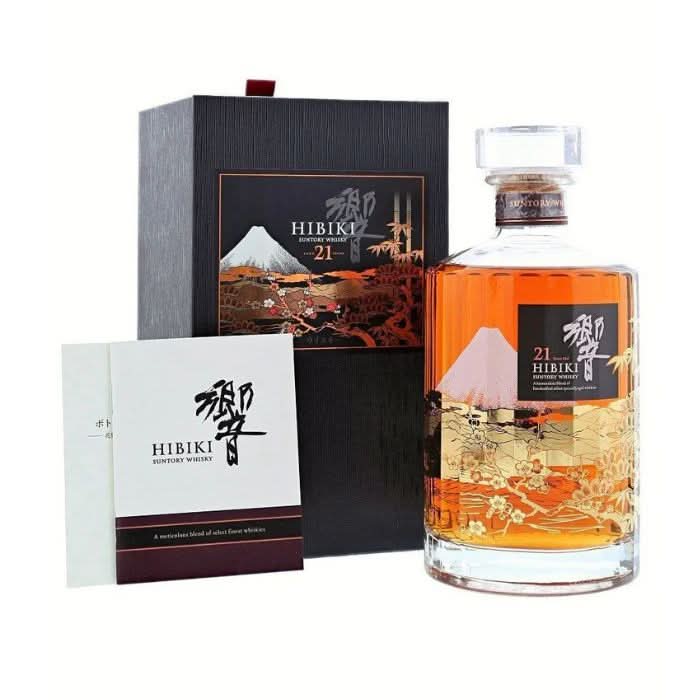 Hibiki 21 Year Old Mount Fuji Limited Edition Blended Whisky bottle featuring a scenic painting of Mount Fuji and 24 facets representing the Japanese lunar calendar.