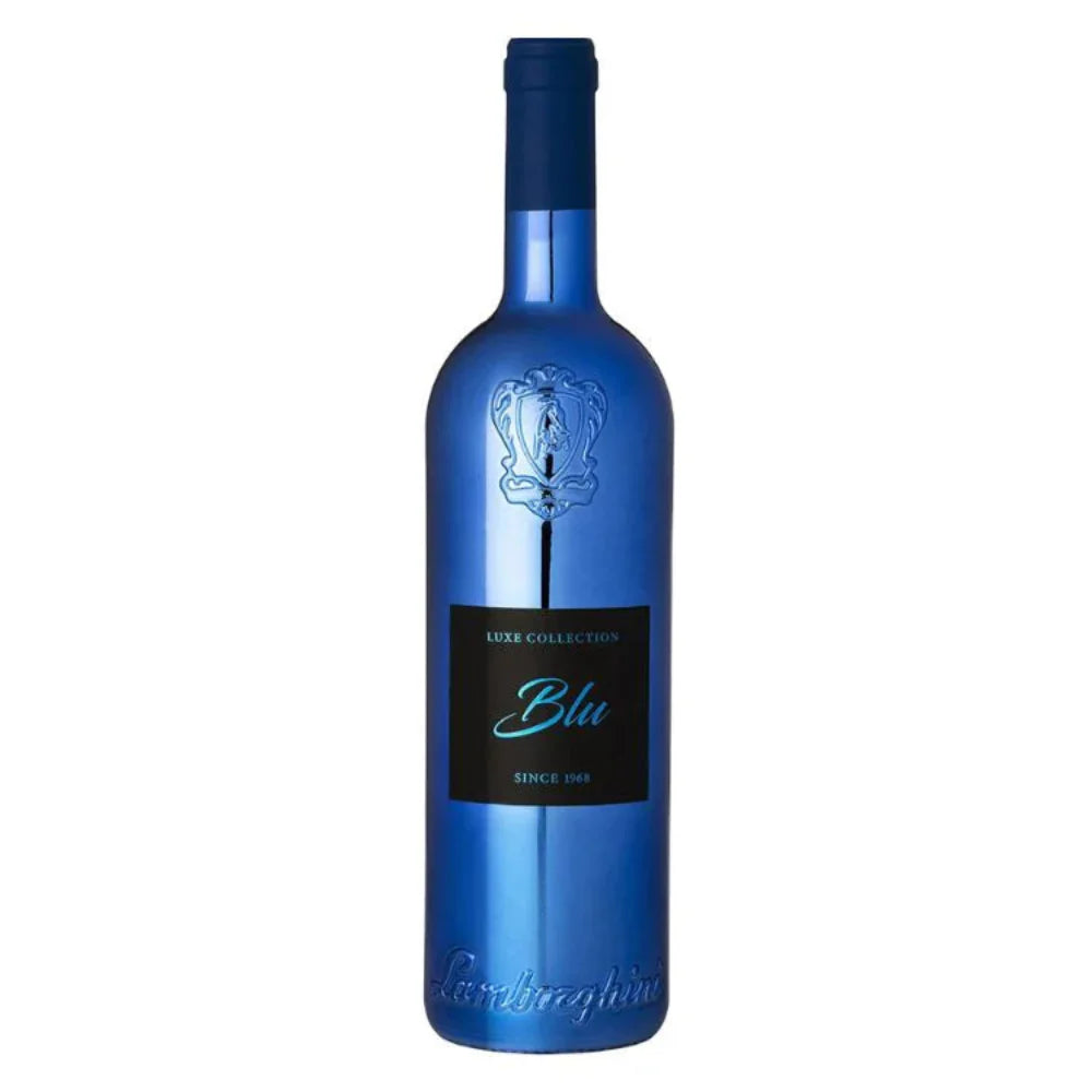 Blue wine bottle with a label on a white background