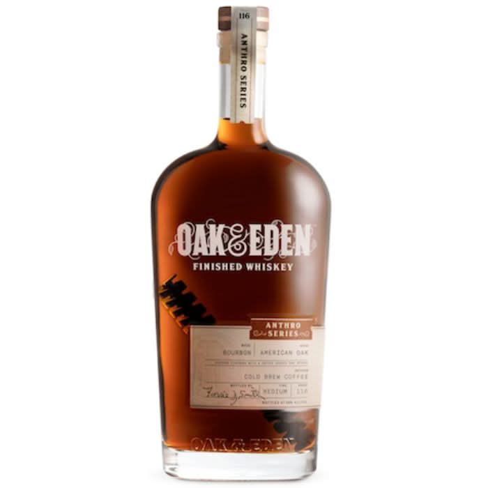 Oak &amp; Eden Anthro Series Forrie J. Smith Bourbon bottle, showcasing barrel proof bourbon finished with a cold brew coffee-infused American Oak spire for a unique flavor