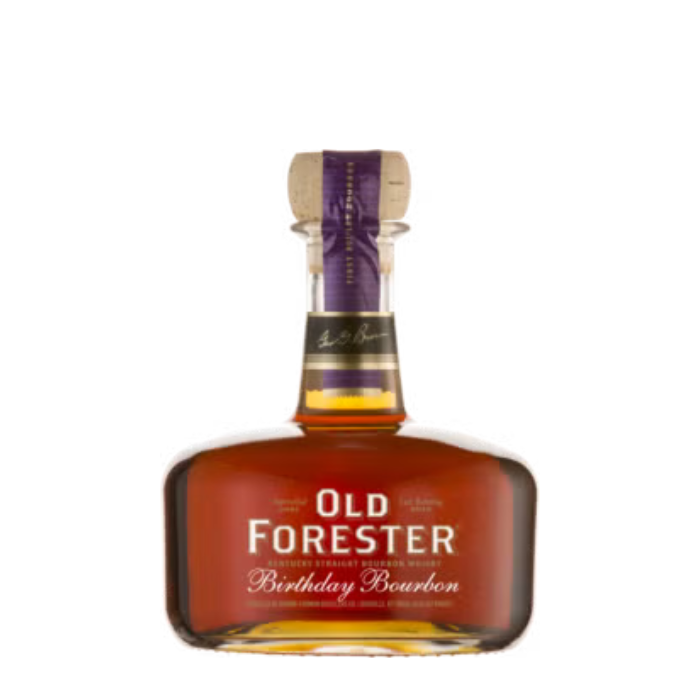 A bottle of Old Forester Birthday Bourbon – 2013 Release, featuring its signature round decanter-style design, rich amber bourbon inside, and a commemorative label celebrating George Garvin Brown&