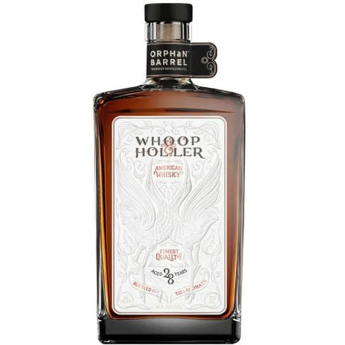 Orphan Barrel Whoop &amp; Holler 28 Year Old American Whiskey bottle, aged in Cascade Hollow, Tennessee, featuring rich, deep flavors and smooth character from sugar maple charcoal filtration