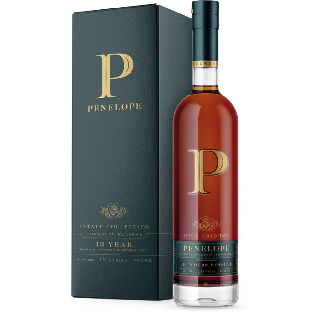Penelope whiskey bottle and box on a white background