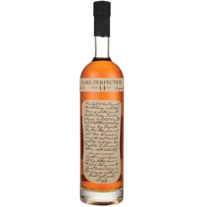 Bottle of Rare Perfection 14 Year Bourbon, showcasing its elegant label design, set against a rustic background to emphasize its Canadian origin.