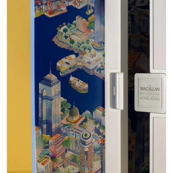 Fridge with a colorful cityscape design on one door and &