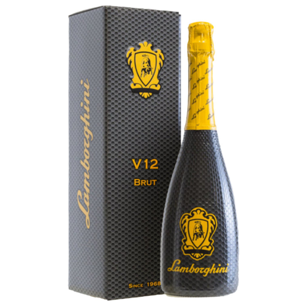 Lamborghini V12 Brut champagne bottle and packaging on a white background