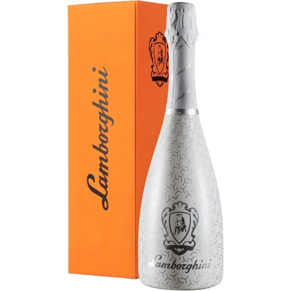 Silver Lamborghini branded champagne bottle with an orange box in the background
